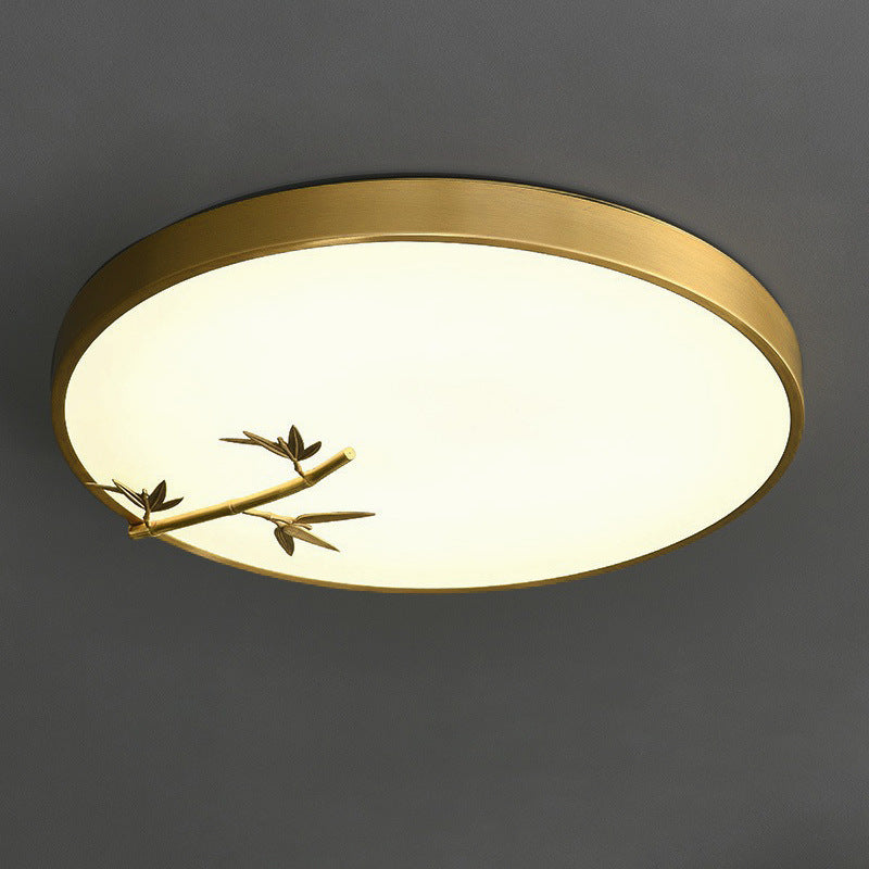 Traditional Chinese Brass Acrylic Round Bamboo Leaf LED Flush Mount Ceiling Light For Bedroom