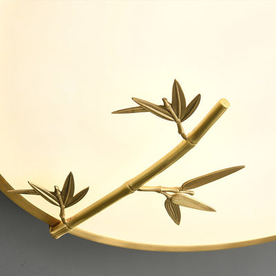 Traditional Chinese Brass Acrylic Round Bamboo Leaf LED Flush Mount Ceiling Light For Bedroom