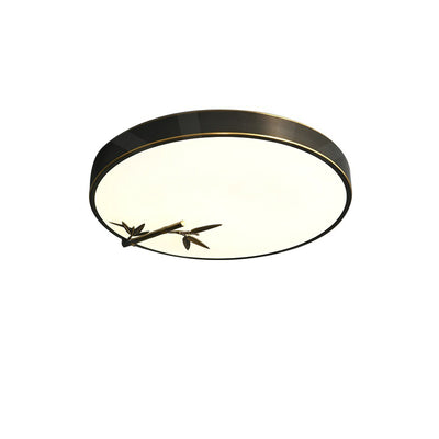 Traditional Chinese Brass Acrylic Round Bamboo Leaf LED Flush Mount Ceiling Light For Bedroom