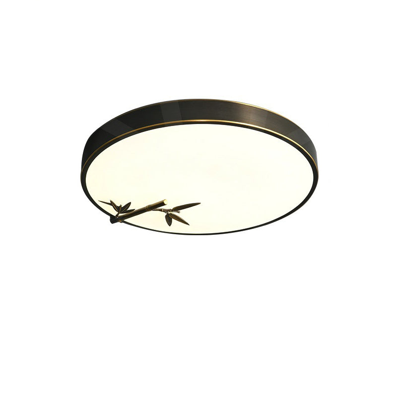 Traditional Chinese Brass Acrylic Round Bamboo Leaf LED Flush Mount Ceiling Light For Bedroom