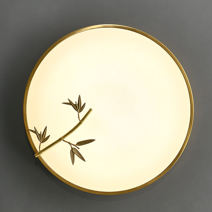 Traditional Chinese Brass Acrylic Round Bamboo Leaf LED Flush Mount Ceiling Light For Bedroom