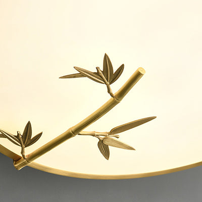 Traditional Chinese Brass Acrylic Round Bamboo Leaf LED Flush Mount Ceiling Light For Bedroom