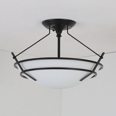 Contemporary Retro Metal Glass Bowl Skeleton Carving 3-Light Semi-Flush Mount Ceiling Light For Hallway