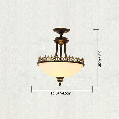 Contemporary Retro Metal Glass Bowl Skeleton Carving 3-Light Semi-Flush Mount Ceiling Light For Hallway