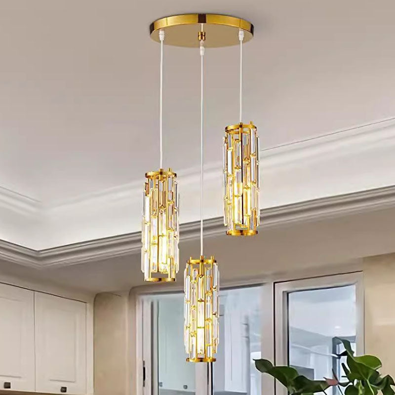 Contemporary Luxury Iron Crystal Cylinder Cluster-Shaped 1/3/4 Light Chandeliers For Dining Room