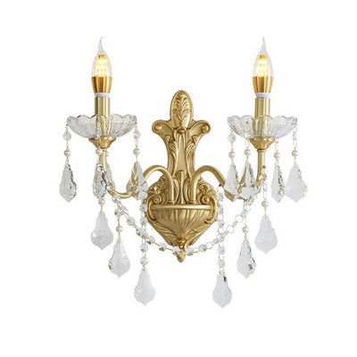 Traditional French Brass Crystal Glass Candlestick 1/2 Light Wall Sconce Lamp For Hallway