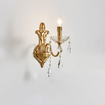 Traditional French Brass Crystal Glass Candlestick 1/2 Light Wall Sconce Lamp For Hallway