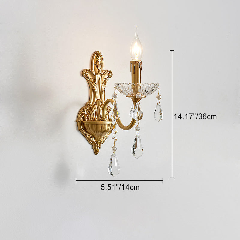 Traditional French Brass Crystal Glass Candlestick 1/2 Light Wall Sconce Lamp For Hallway