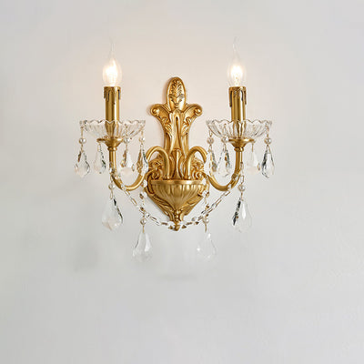 Traditional French Brass Crystal Glass Candlestick 1/2 Light Wall Sconce Lamp For Hallway