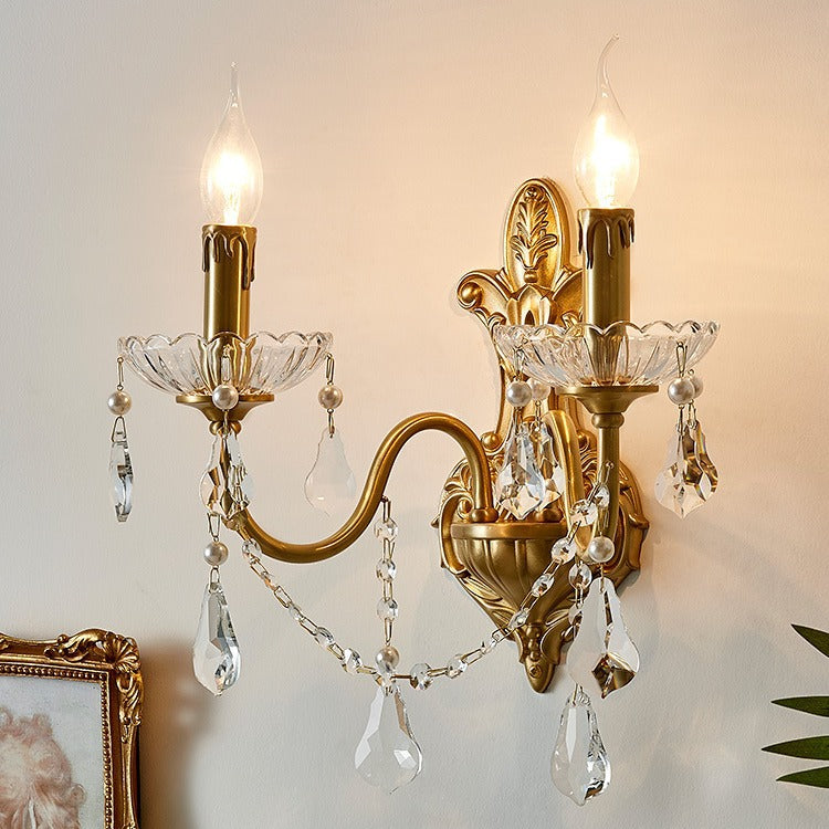 Traditional French Brass Crystal Glass Candlestick 1/2 Light Wall Sconce Lamp For Hallway