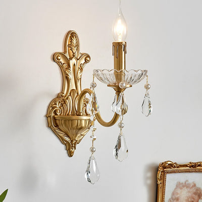 Traditional French Brass Crystal Glass Candlestick 1/2 Light Wall Sconce Lamp For Hallway