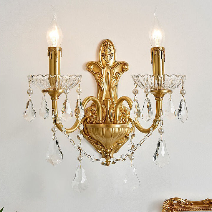 Traditional French Brass Crystal Glass Candlestick 1/2 Light Wall Sconce Lamp For Hallway