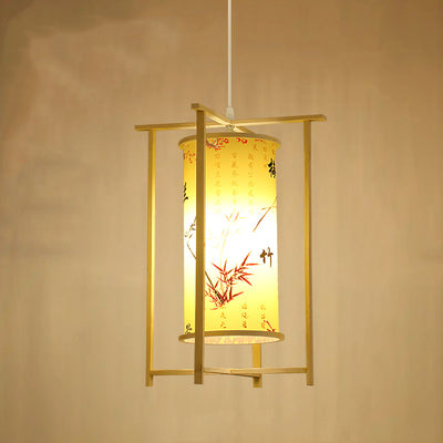 Traditional Chinese Bamboo PVC Iron Cylinder Lantern Flower Bird 1-Light Pendant Light For Dining Room