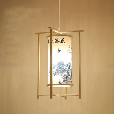 Traditional Chinese Bamboo PVC Iron Cylinder Lantern Flower Bird 1-Light Pendant Light For Dining Room