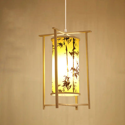 Traditional Chinese Bamboo PVC Iron Cylinder Lantern Flower Bird 1-Light Pendant Light For Dining Room