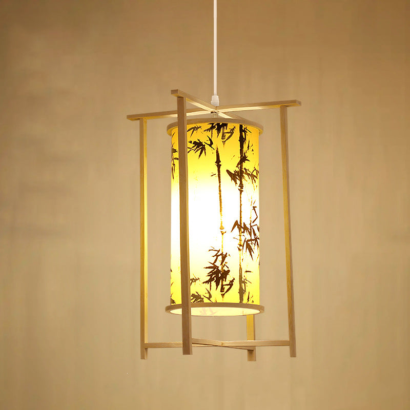 Traditional Chinese Bamboo PVC Iron Cylinder Lantern Flower Bird 1-Light Pendant Light For Dining Room