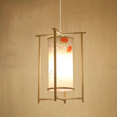 Traditional Chinese Bamboo PVC Iron Cylinder Lantern Flower Bird 1-Light Pendant Light For Dining Room