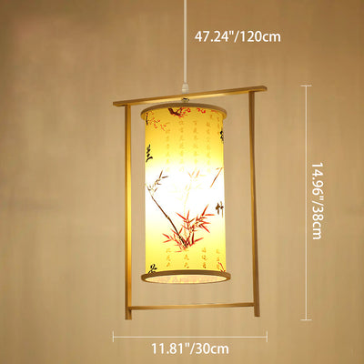 Traditional Chinese Bamboo PVC Iron Cylinder Lantern Flower Bird 1-Light Pendant Light For Dining Room