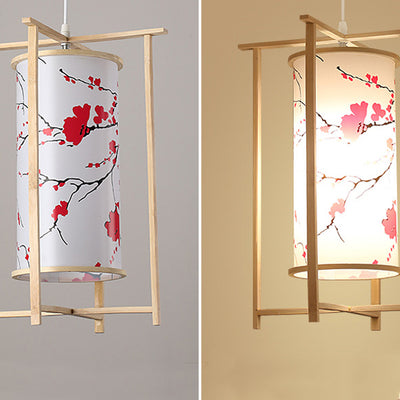 Traditional Chinese Bamboo PVC Iron Cylinder Lantern Flower Bird 1-Light Pendant Light For Dining Room