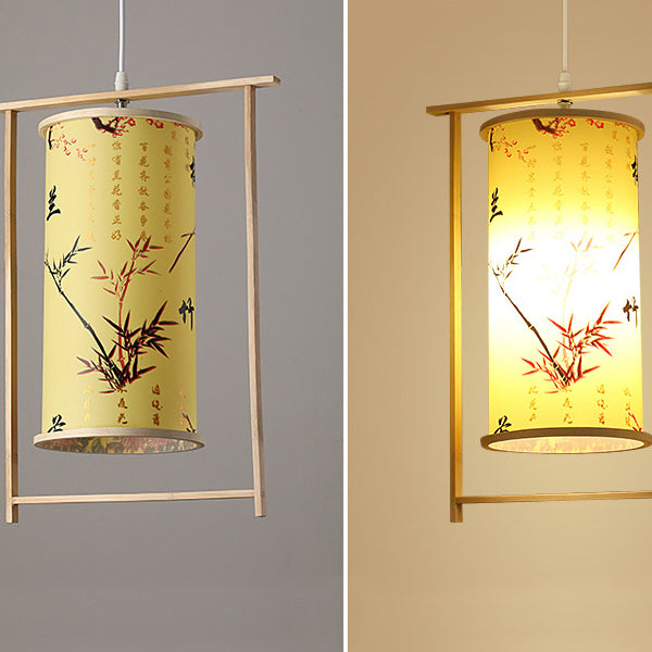 Traditional Chinese Bamboo PVC Iron Cylinder Lantern Flower Bird 1-Light Pendant Light For Dining Room