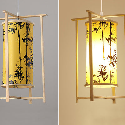 Traditional Chinese Bamboo PVC Iron Cylinder Lantern Flower Bird 1-Light Pendant Light For Dining Room