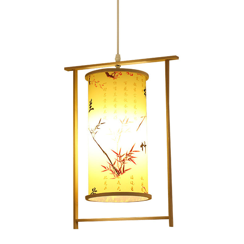 Traditional Chinese Bamboo PVC Iron Cylinder Lantern Flower Bird 1-Light Pendant Light For Dining Room