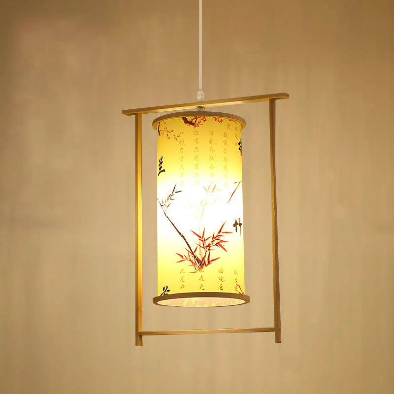 Traditional Chinese Bamboo PVC Iron Cylinder Lantern Flower Bird 1-Light Pendant Light For Dining Room