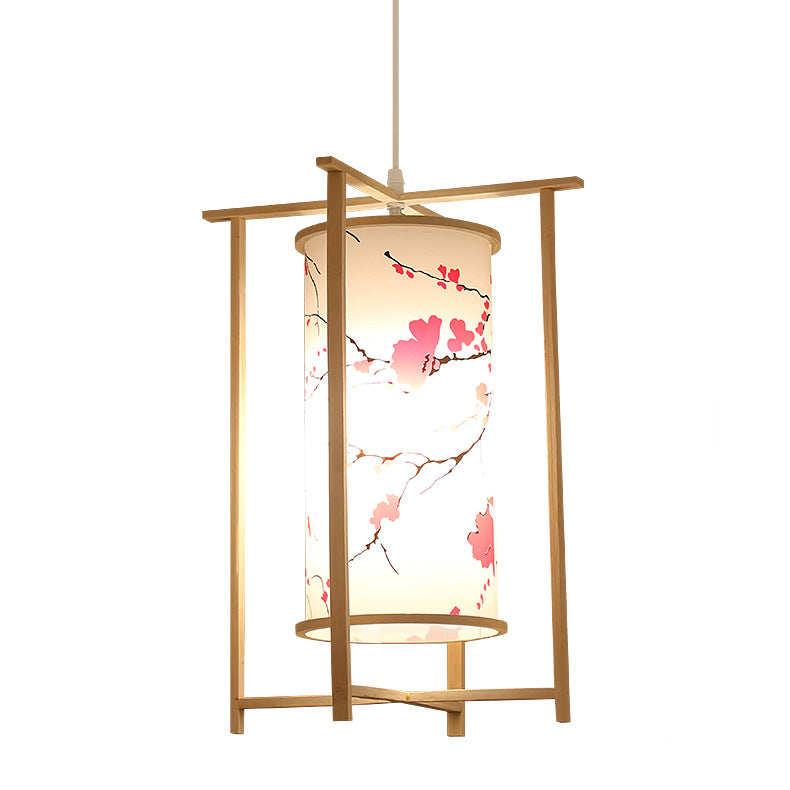 Traditional Chinese Bamboo PVC Iron Cylinder Lantern Flower Bird 1-Light Pendant Light For Dining Room