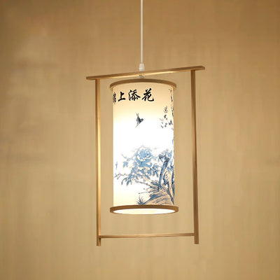 Traditional Chinese Bamboo PVC Iron Cylinder Lantern Flower Bird 1-Light Pendant Light For Dining Room