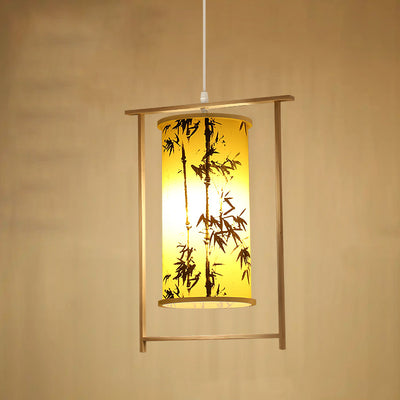 Traditional Chinese Bamboo PVC Iron Cylinder Lantern Flower Bird 1-Light Pendant Light For Dining Room