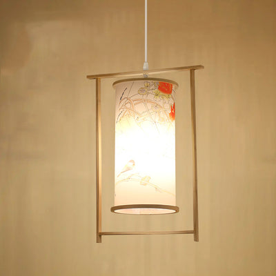 Traditional Chinese Bamboo PVC Iron Cylinder Lantern Flower Bird 1-Light Pendant Light For Dining Room