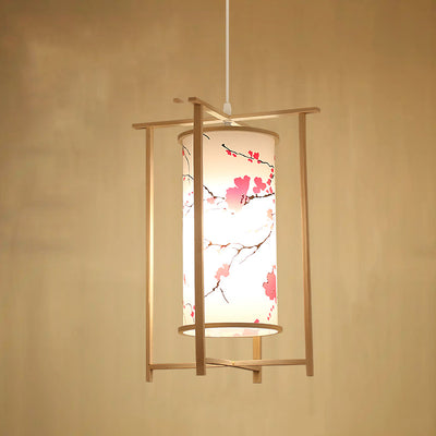 Traditional Chinese Bamboo PVC Iron Cylinder Lantern Flower Bird 1-Light Pendant Light For Dining Room