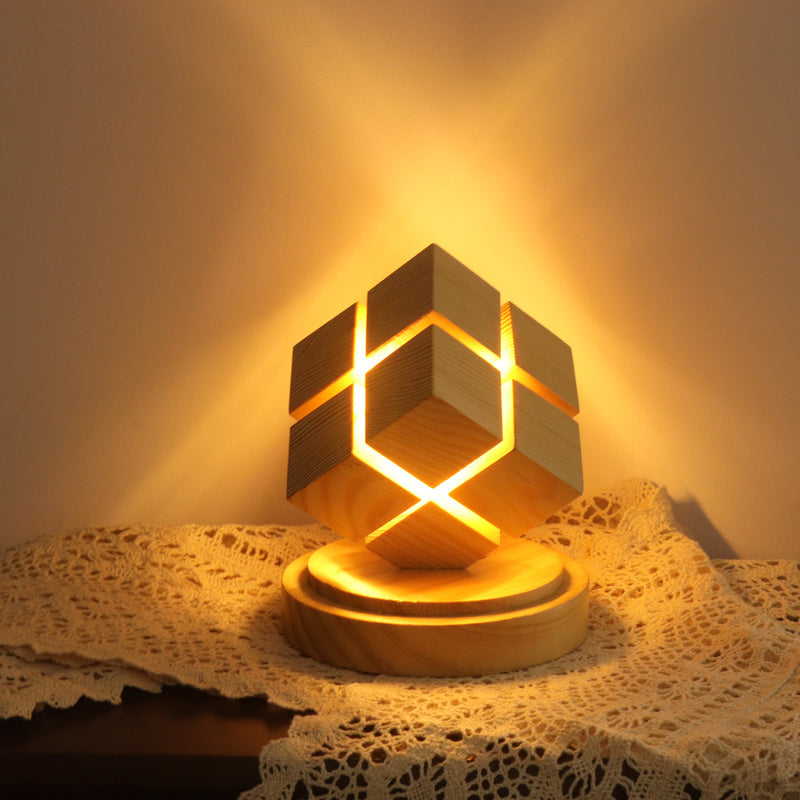 Contemporary Creative Battery Wood Magic Cube LED Table Lamp Night Light For Bedroom