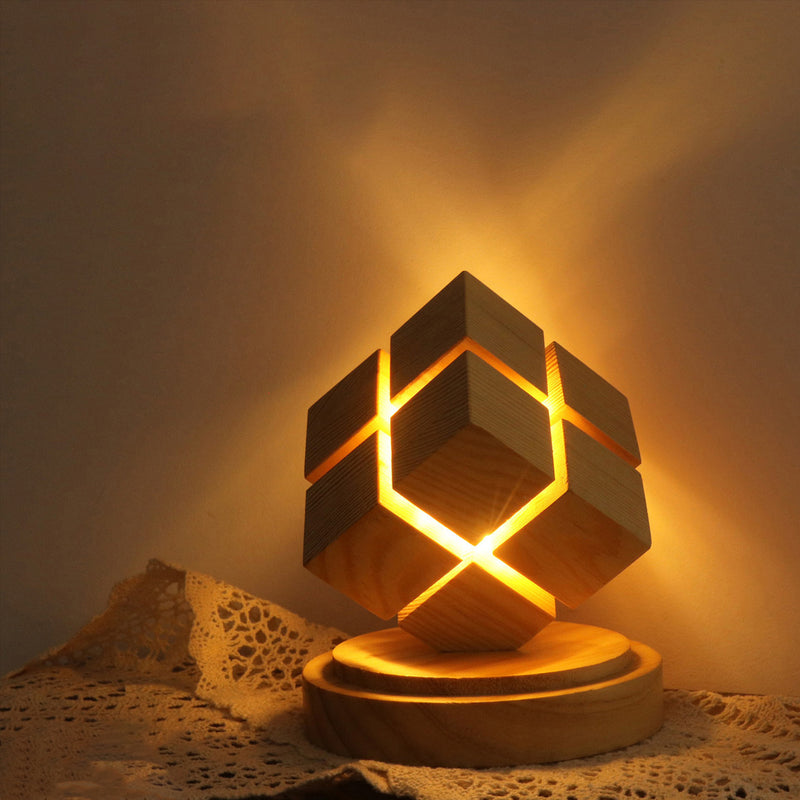 Contemporary Creative Battery Wood Magic Cube LED Table Lamp Night Light For Bedroom