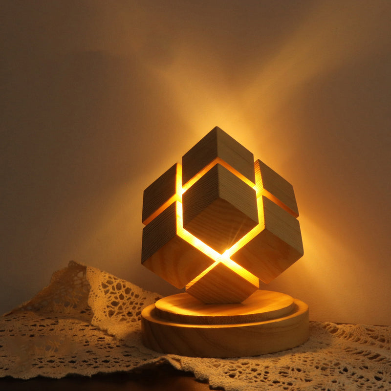 Contemporary Creative Battery Wood Magic Cube LED Table Lamp Night Light For Bedroom