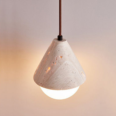 Traditional Japanese Travertine Conic Ball 1-Light Pendant Light For Dining Room