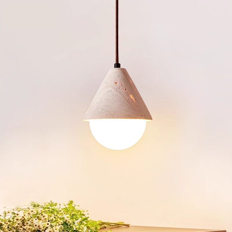 Traditional Japanese Travertine Conic Ball 1-Light Pendant Light For Dining Room