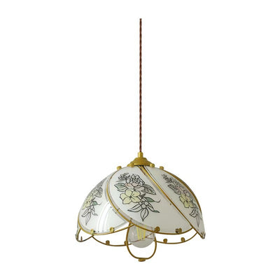 Traditional French Copper Glass Dome Floral Petal 1-Light Pendant Light For Dining Room