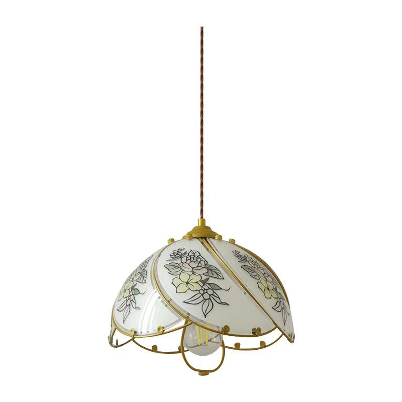 Traditional French Copper Glass Dome Floral Petal 1-Light Pendant Light For Dining Room