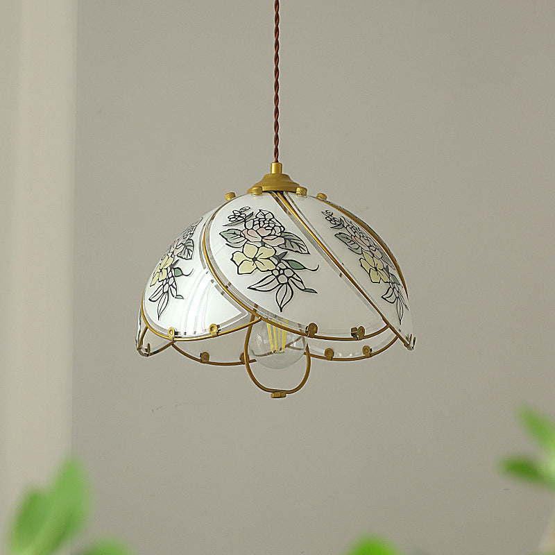 Traditional French Copper Glass Dome Floral Petal 1-Light Pendant Light For Dining Room