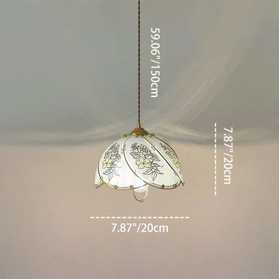 Traditional French Copper Glass Dome Floral Petal 1-Light Pendant Light For Dining Room