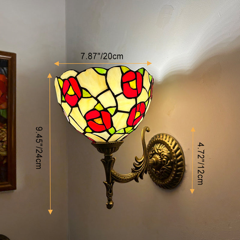 Traditional Tiffany Glass Zinc Alloy Bowl Petal Beads 1-Light Wall Sconce Lamp For Hallway