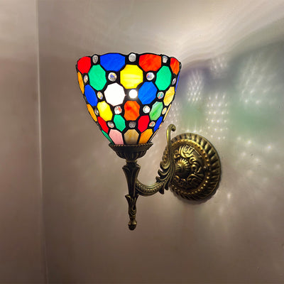 Traditional Tiffany Glass Zinc Alloy Bowl Petal Beads 1-Light Wall Sconce Lamp For Hallway