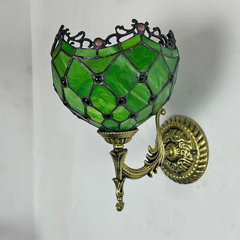 Traditional Tiffany Glass Zinc Alloy Bowl Petal Beads 1-Light Wall Sconce Lamp For Hallway