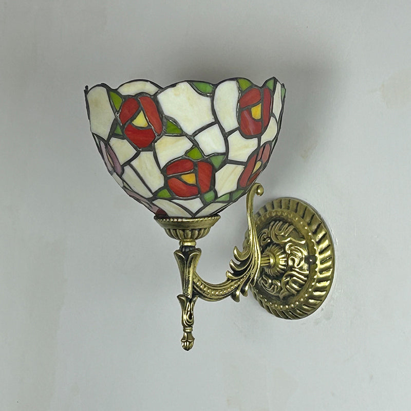 Traditional Tiffany Glass Zinc Alloy Bowl Petal Beads 1-Light Wall Sconce Lamp For Hallway