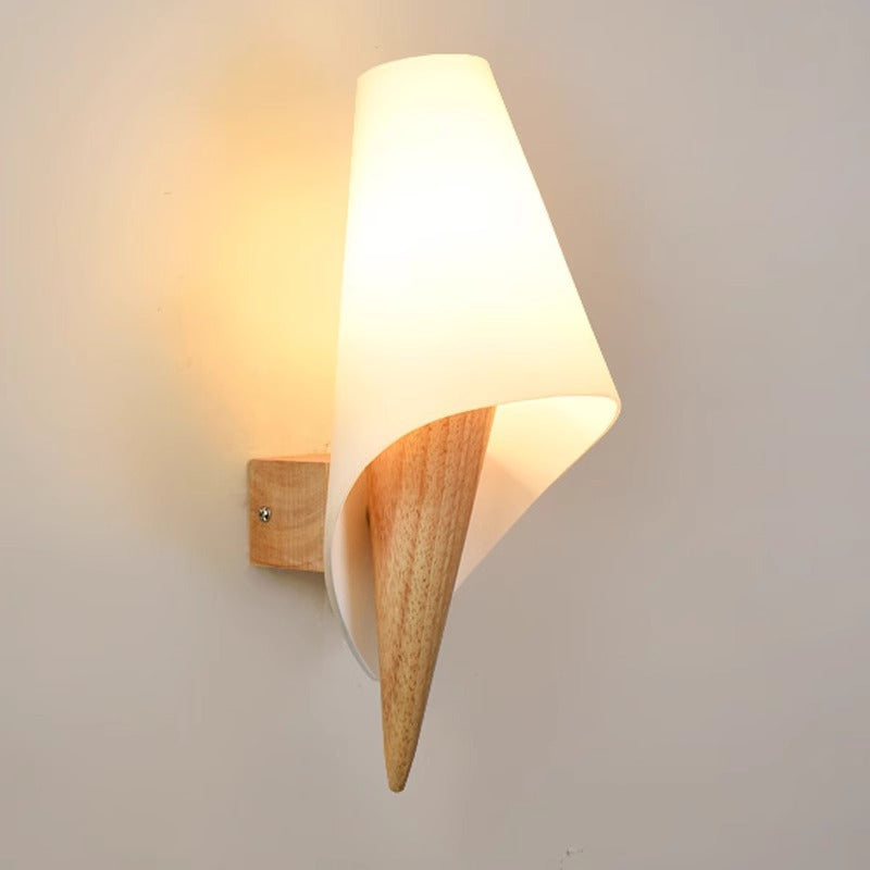 Contemporary Nordic Wood Glass Ice Cream Conic 1-Light Wall Sconce Lamp For Bedside