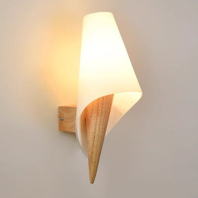 Contemporary Nordic Wood Glass Ice Cream Conic 1-Light Wall Sconce Lamp For Bedside