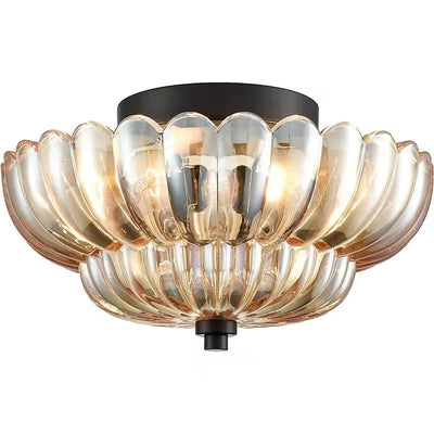 Contemporary Retro Glass Iron Floral Petal 3-Light Semi-Flush Mount Ceiling Light For Hallway