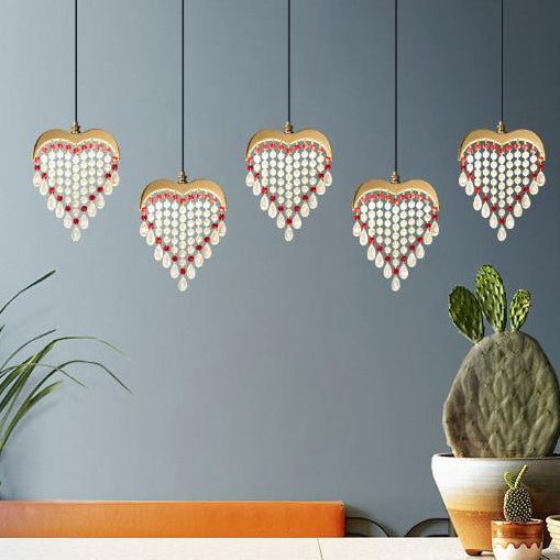 Contemporary Creative Stainless Steel Crystal Loving Heart Bead LED Pendant Light For Bedroom