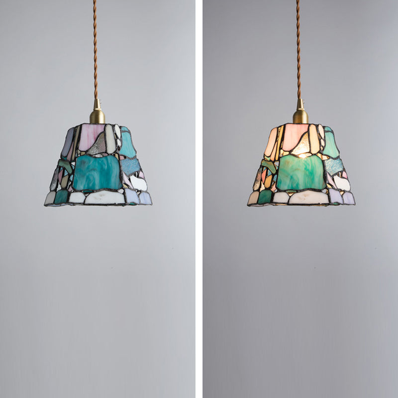 Traditional Tiffany Copper Glass Handmade Cylinder Conic Irregular Stone 1-Light Pendant Light For Bedside